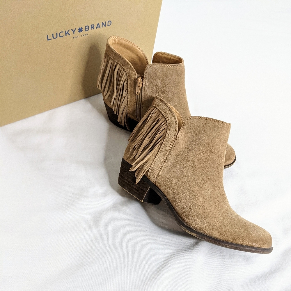 Lucky Brand Tan Benjii Fringe Suede Zip Booties